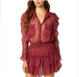 MISA Los Angeles S Anika Floral Chiffon Ruffle Mini Dress Sheer Red Coquette